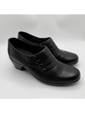 Clarks Loafers Shoes Women 7.5M Black Leather Casual Comfort Slip On Block Heel